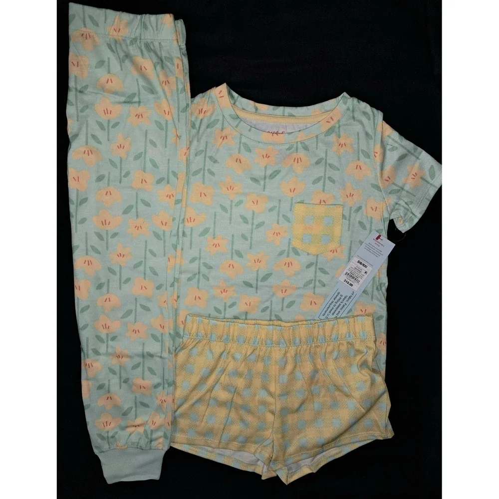 Cat & Jack PJ Set, Size‎ S-6, Lt. green & Yellow, 100% recycled poly, Super Soft